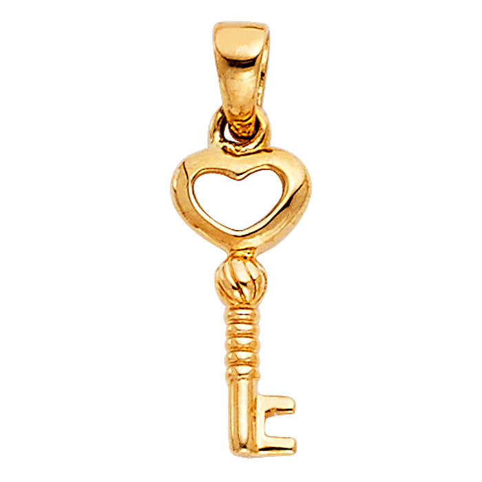 14k Yellow Gold Small Fancy Key Charm Pendant with Heart Shaped Top (15mm x 5mm)