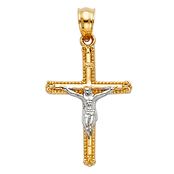 14K Two-tone Gold Small/Mini Religious Crucifix (15 X 25 mm)