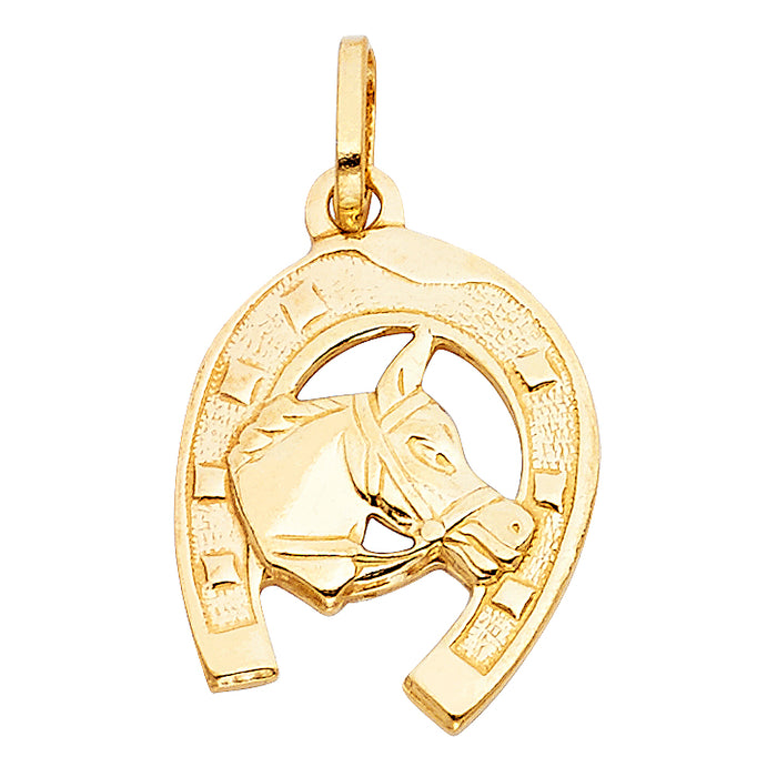 14k Yellow Gold Lucky Horseshoe Charm Pendant with Horse Head (23mm x 18mm)