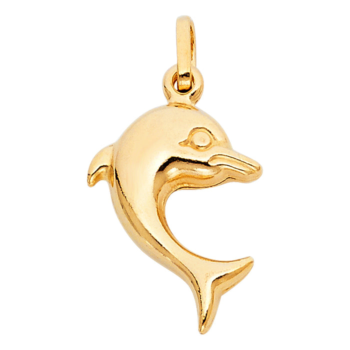 14k Yellow Gold Nautical Hollow Dolphin Puff Charm Pendant (23mm x 15mm)