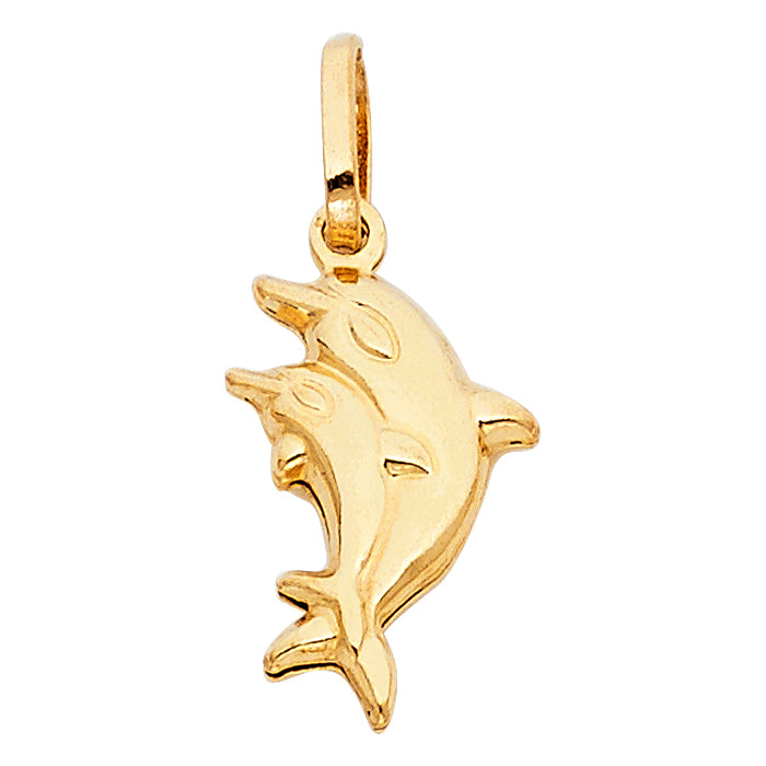 14k Yellow Gold Hollow Double Dolphins Puff Charm Pendant (18mm x 10mm)