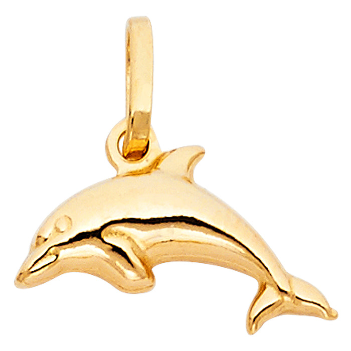 14k Yellow Gold Nautical Hollow Small Dolphin Puff Charm Pendant (13mm x 15mm)