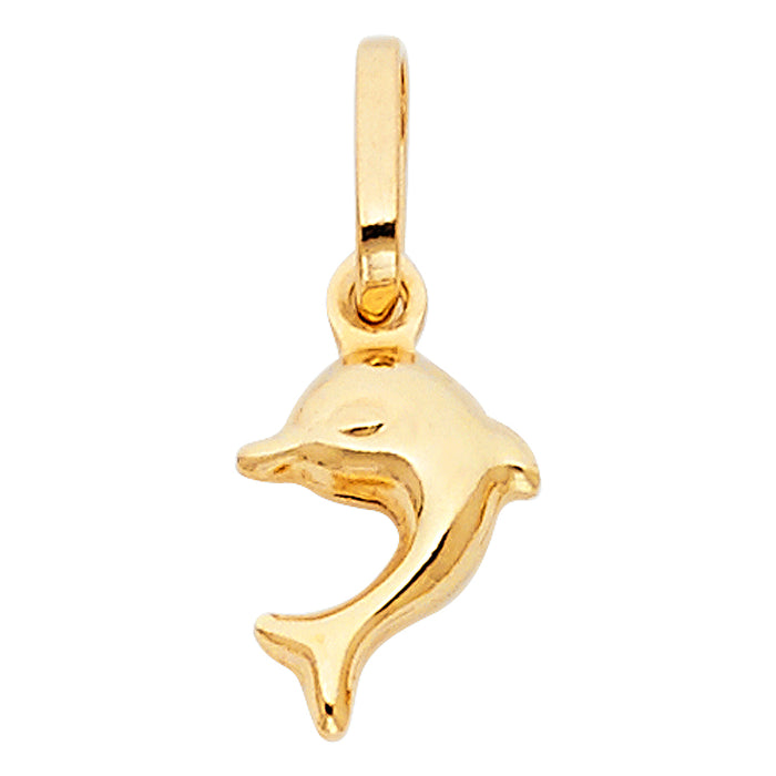 14k Yellow Gold Nautical Mini Hollow Dolphin Puff Charm Pendant  (13mm x 10mm)