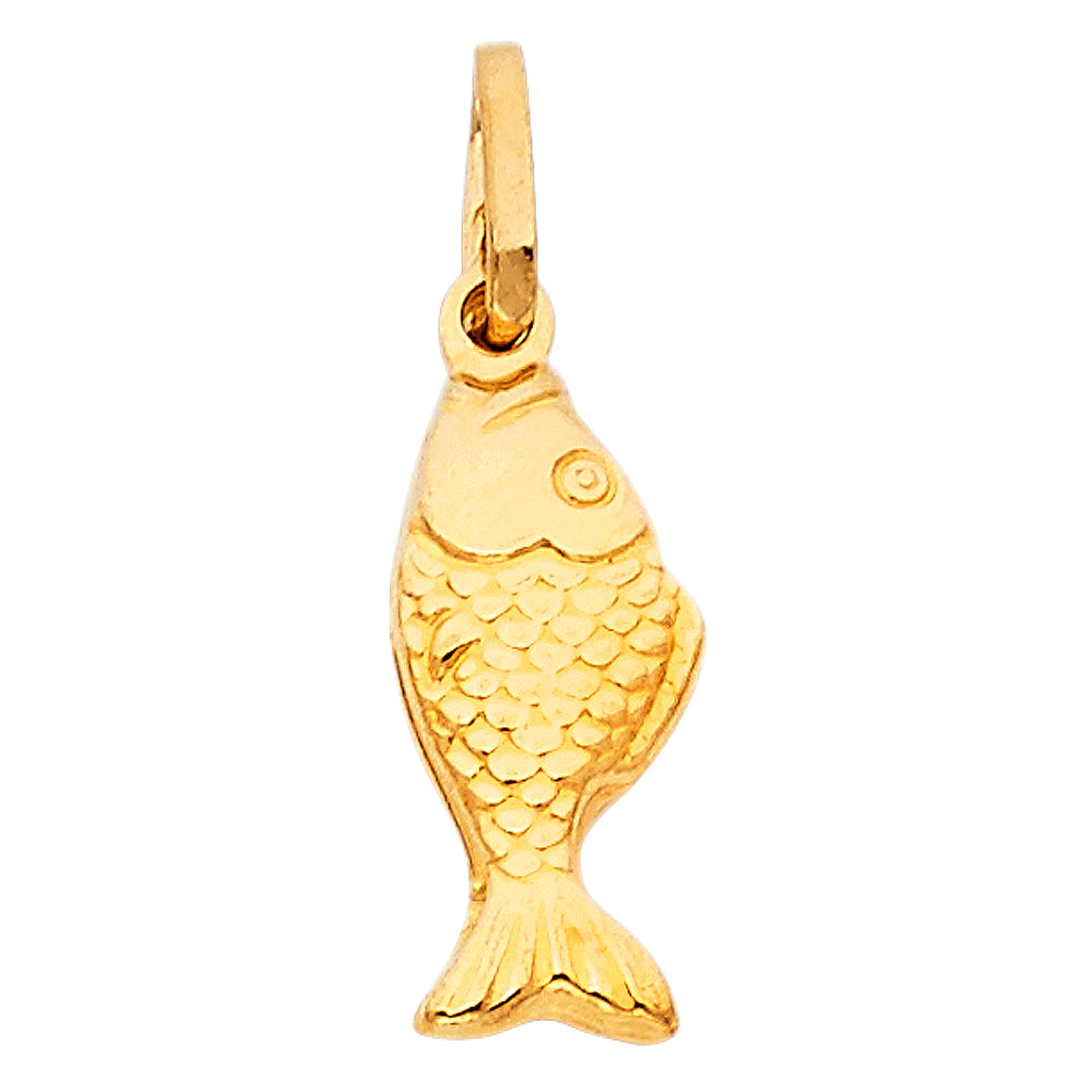 14k Yellow Gold Nautical Gold Small Hollow Fish Puff Charm Pendant (18mm x 10mm)
