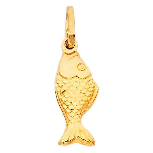 14k Yellow Gold Nautical Gold Small Hollow Fish Puff Charm Pendant (18mm x 10mm)