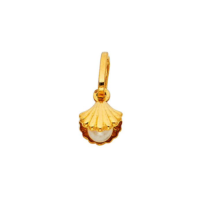 14k Yellow Gold Nautical Freshwater Cultured Pearl Mini Shell Small/Mini Charm Pendant (8mm x 8mm)