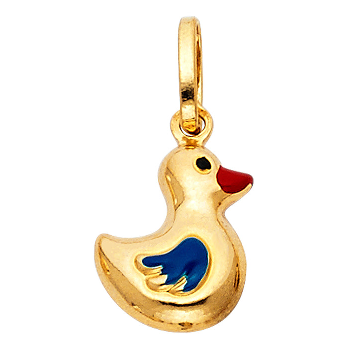 14k Yellow Gold Novelty Mini Hollow "Rubber Ducky" Duck Puff Charm Pendant with Red & Blue Enamel (13mm x 10mm)