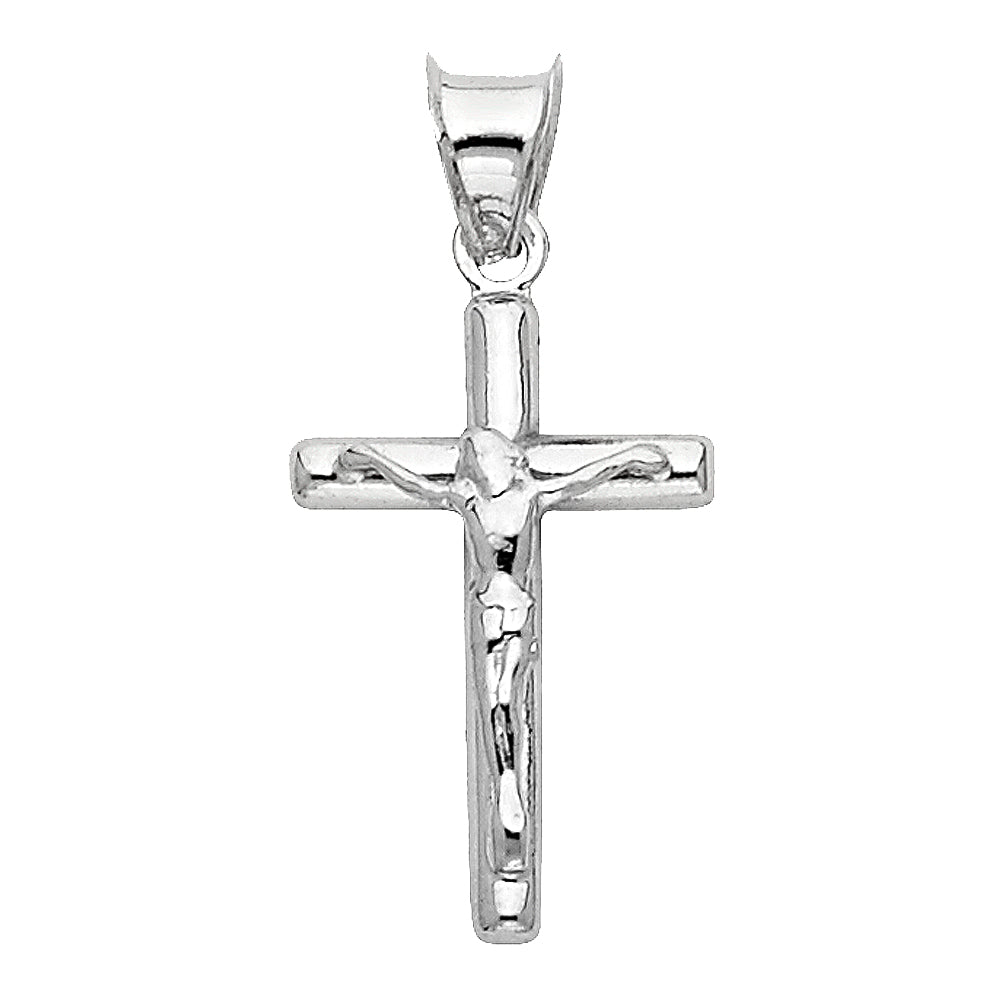 14k White Gold Small/Mini Religious Hollow Round Tubular Crucifix  (20mm x 12mm)