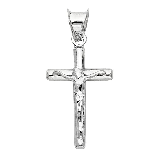 14k White Gold Small/Mini Religious Hollow Round Tubular Crucifix  (20mm x 12mm)
