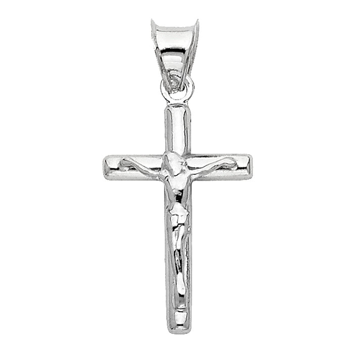 14k White Gold Small/Mini Religious Hollow Round Tubular Crucifix  (20mm x 12mm)