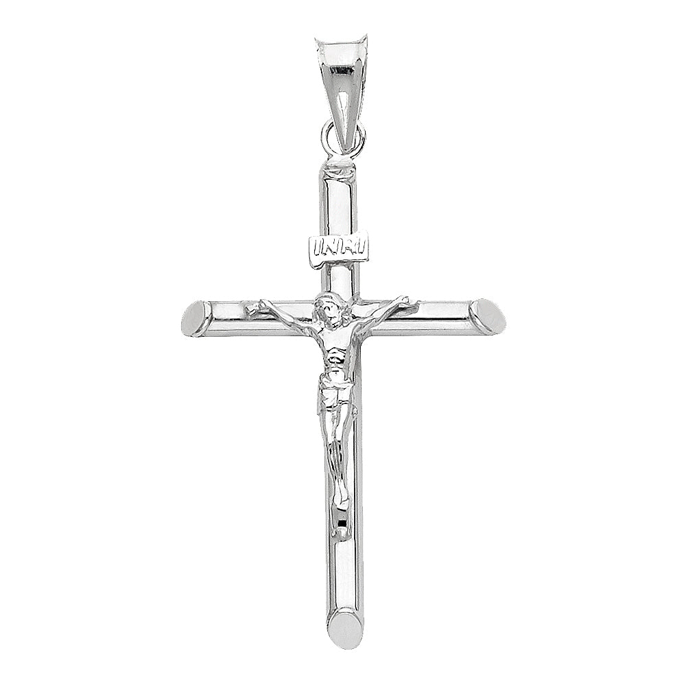 14k White Gold Religious Hollow Round Tubular Crucifix (20 X 40mm)