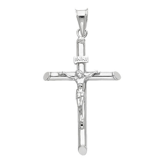 14k White Gold Religious Hollow Round Tubular Crucifix (20 X 40mm)