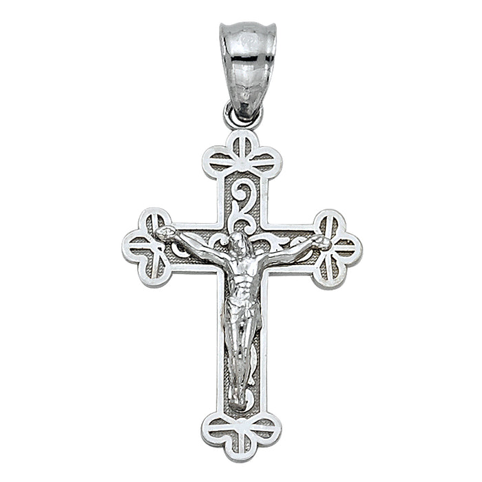 14k White Gold Religious Budded Cross Design Crucifix  (24mm x 16mm)