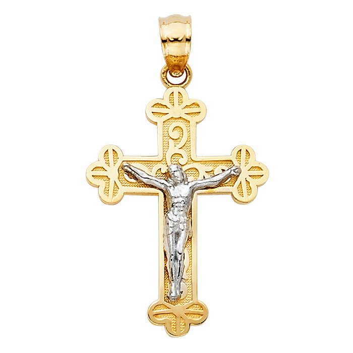 14K Two-tone Gold Religious Budded Cross Design Crucifix  (24mm x 16mm)