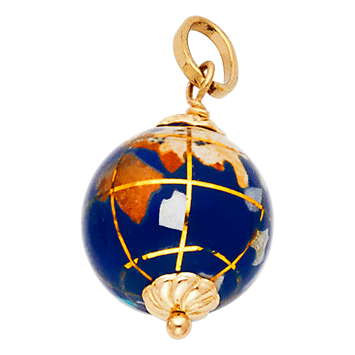14K Yellow Gold Earth Globe Charm Pendant, with Enamel (13mm x 13mm)