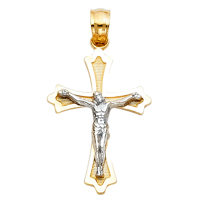 14K Two-tone Gold Small/Mini Religious Budded Cross Crucifix  (23mm x 15mm)