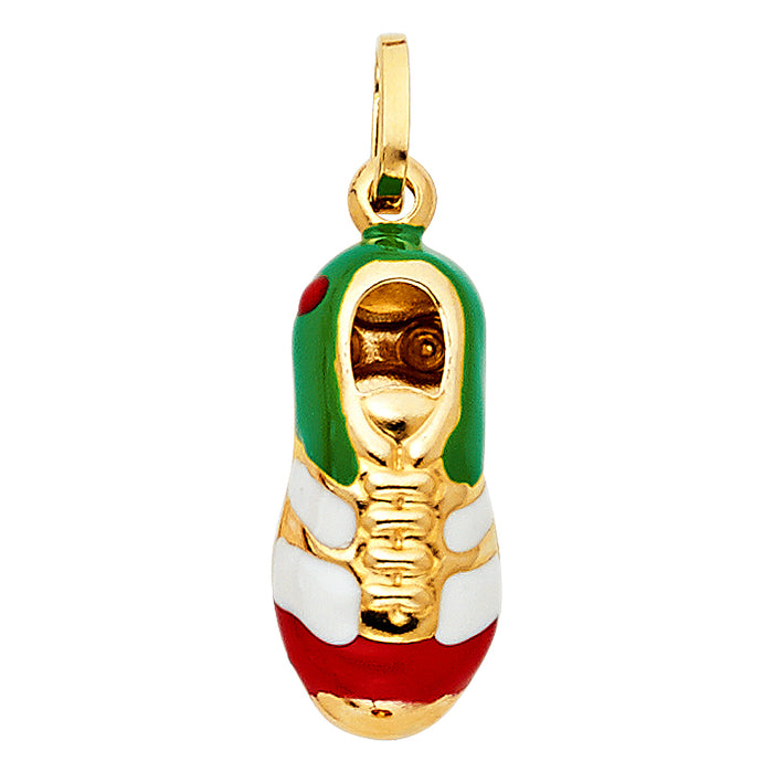 14k Yellow Gold Sports Soccer Shoe Cleats Hollow Charm Pendant with Green, White & Red Enamel (21mm x 10mm)