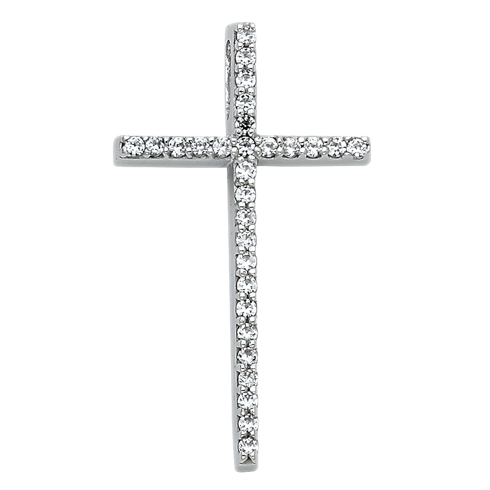 14k White Gold Religious Cross Charm Pendant with White CZ Stones, Hidden Bail (30 x 18mm)