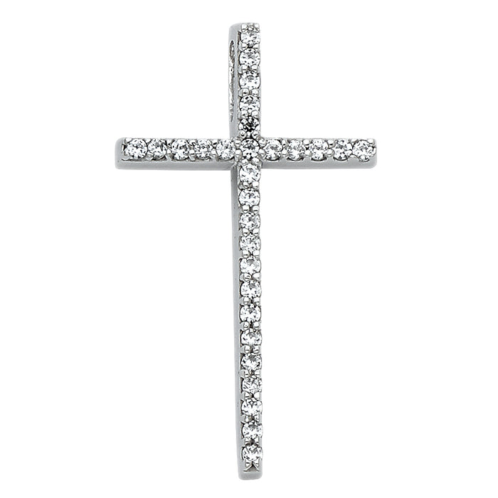 14k White Gold Religious Cross Charm Pendant with White CZ Stones, Hidden Bail (30 x 18mm)