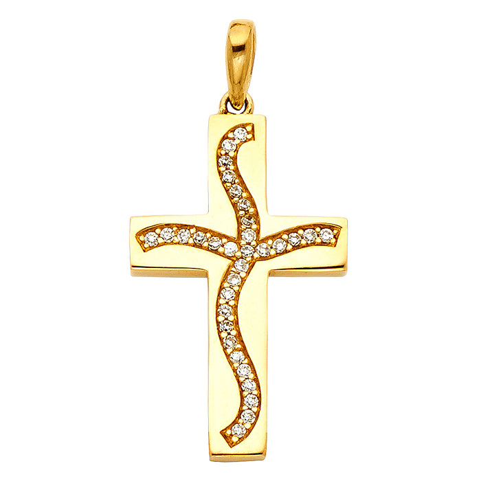 14k Yellow Gold Religious Cross Charm Pendant Accented with Paved White CZ Stones (25 x 15mm)