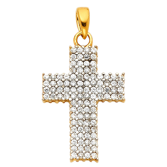 14k Yellow Gold Religious Block Cross Charm Pendant, Accented with White CZ Stones (20 x 15mm)