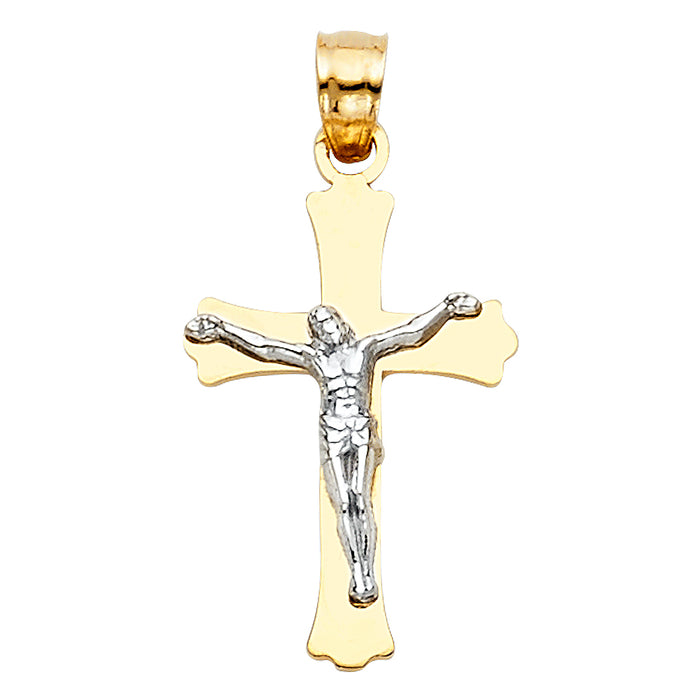 14K Two-tone Gold Small/Mini Religious Budded Cross Crucifix  (23mm x 14mm)