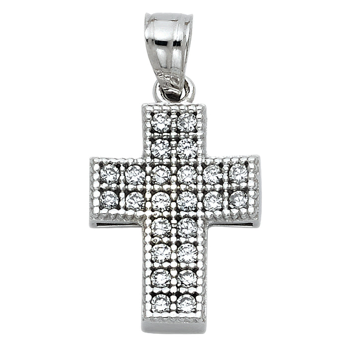 14k White Gold Religious Block Cross Charm Pendant Accented with White CZ Stones (20 x 15mm)