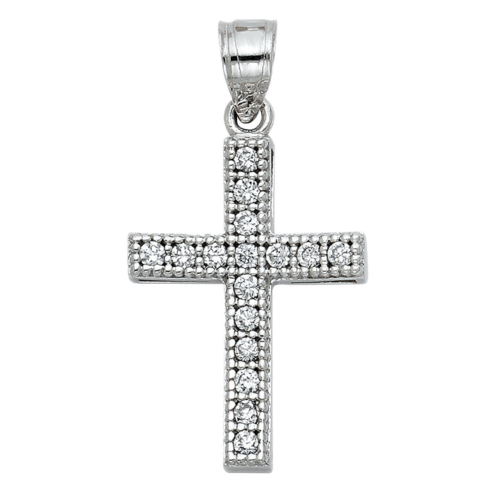 14k White Gold Religious Cross Charm Pendant with Beaded Edge and Accented with White CZ Stones (23 x 15mm)