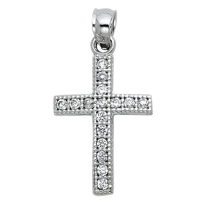 14k White Gold Mini Religious Cross Accented with White CZ Stones Charm Pendant, 18mm x 15mm