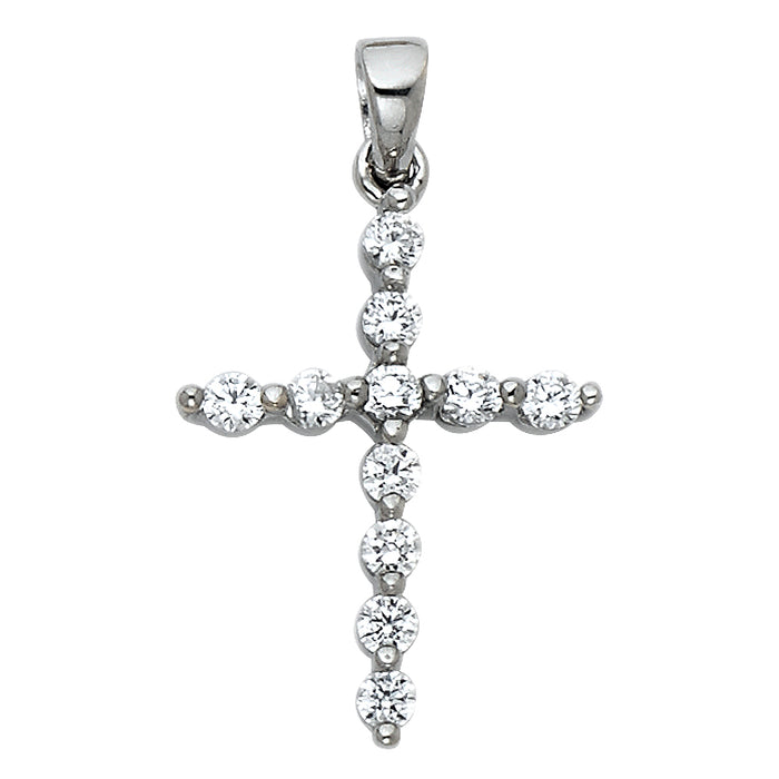 14k White Gold Mini Religious Cross Accented with White CZ Stones Charm Pendant, 18mm x 15mm