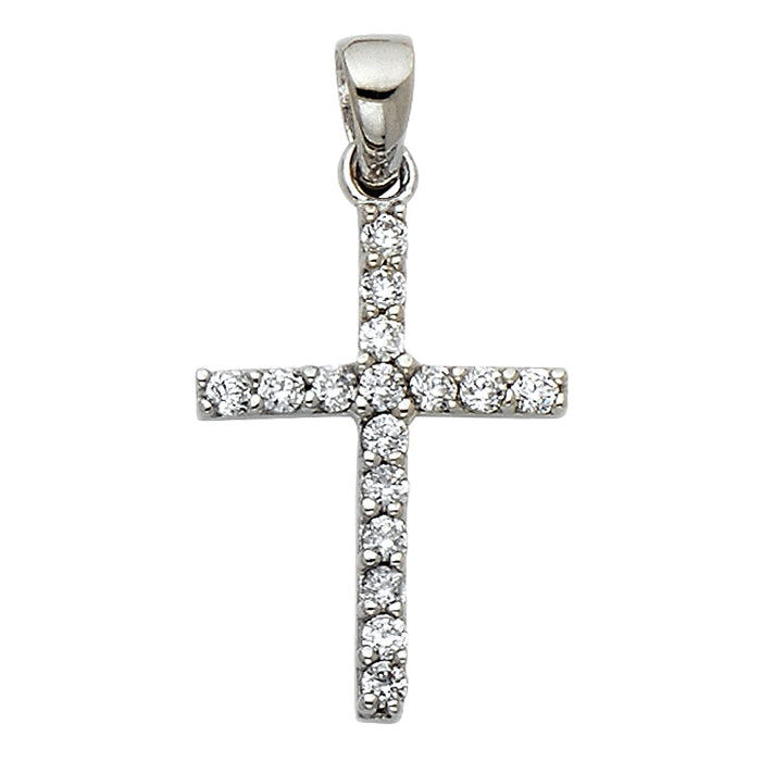 14k White Gold Small/Mini Religious Cross Accented with White CZ Stones Charm Pendant, 20mm x 12mm