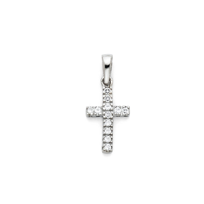 14k White Gold Mini  Religious Cross Accented with White CZ Stones Charm Pendant, 14mm x 8mm