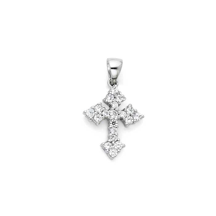 14k White Gold Mini Religious Cross Accented with White CZ Stones Charm Pendant, 20mm x 10mm