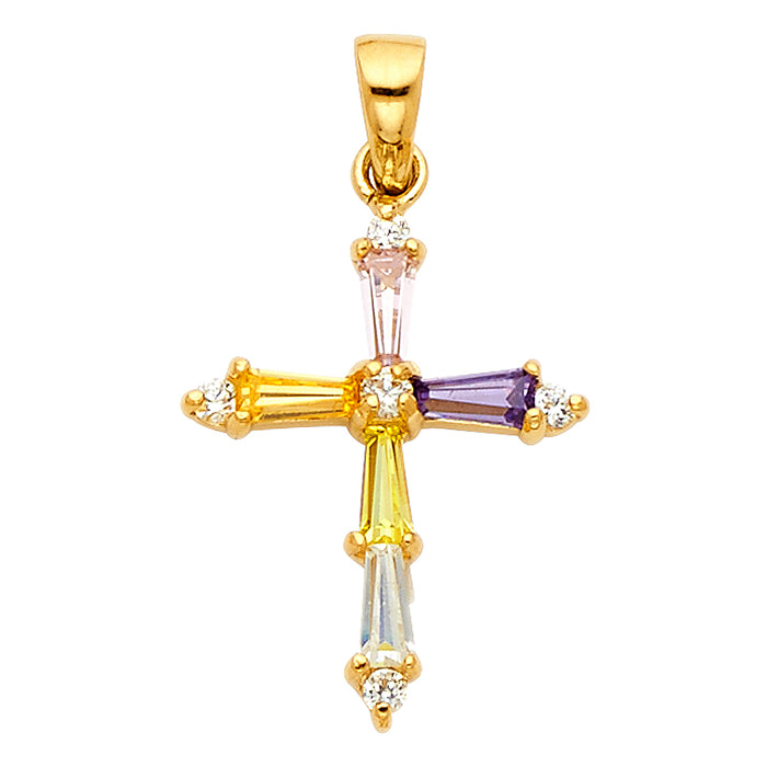 14k Yellow Gold Religious Cross Accented with White and Multi-color CZ  Stones Charm Pendant 25mm x 15mm