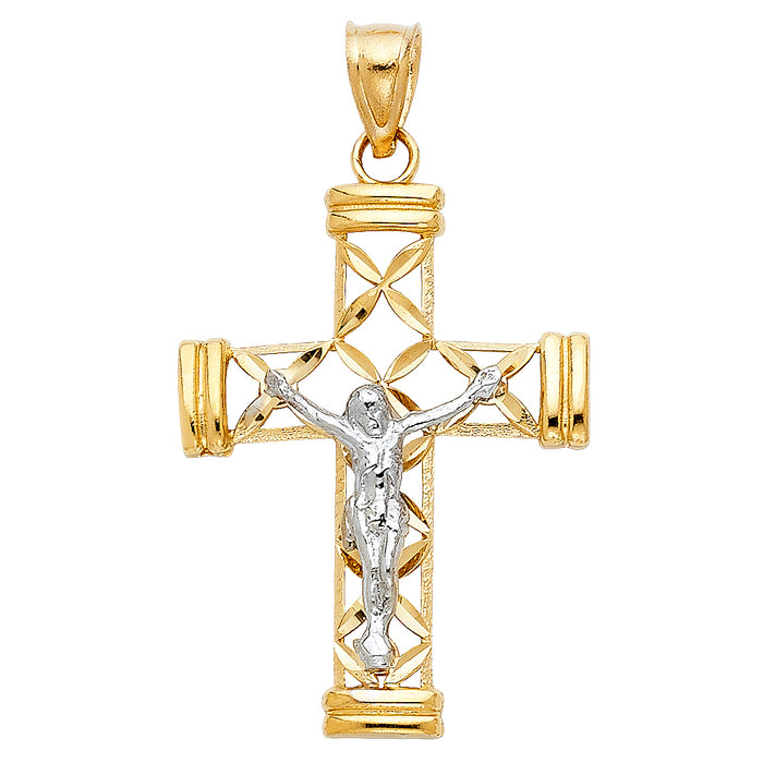 14K Two-tone Gold Religious Cut-Out Crucifix Charm Pendant  (39mm x 25mm)