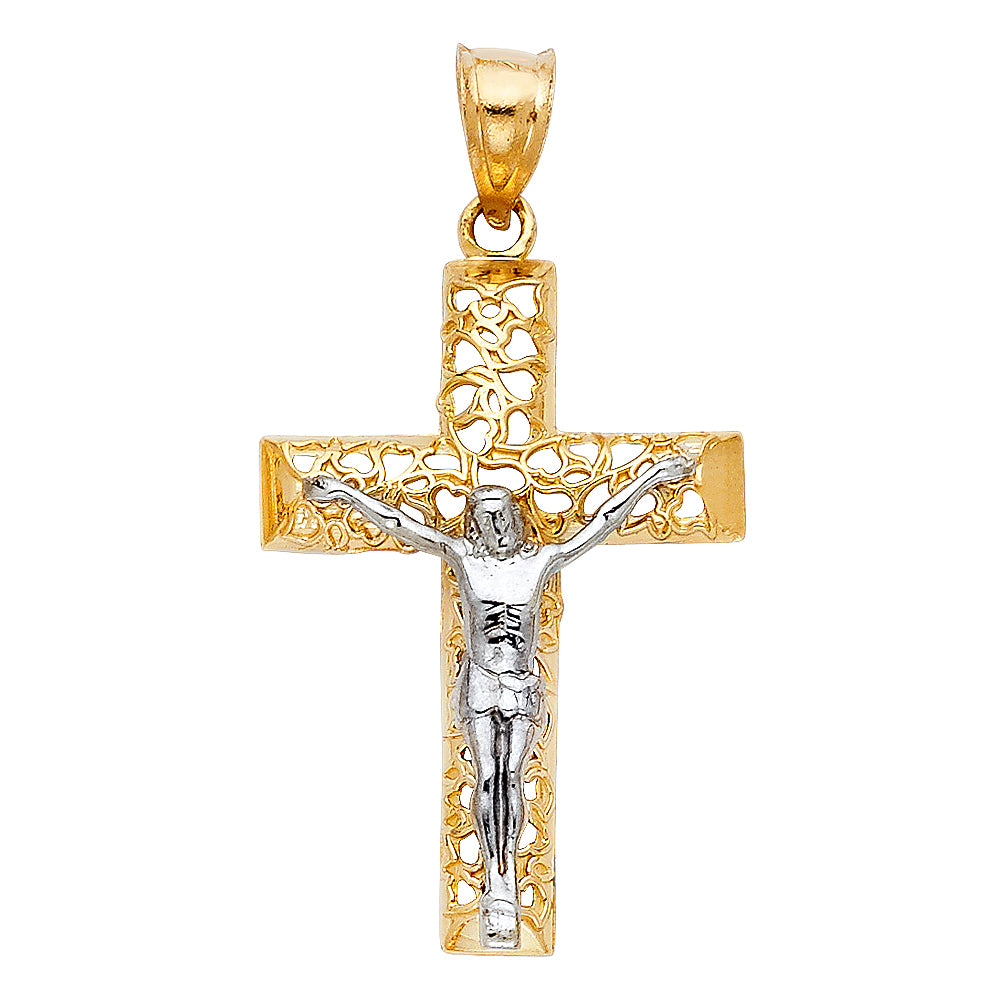14K Two-tone Gold Religious Cut-Out Crucifix Charm Pendant  (35mm x 22mm)