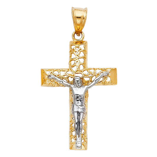 14K Two-tone Gold Religious Cut-Out Crucifix Charm Pendant  (35mm x 22mm)