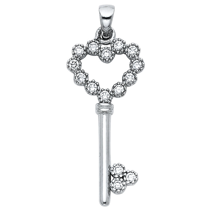 14k White Gold with White CZ Accented Small/Mini Key Charm Pendant