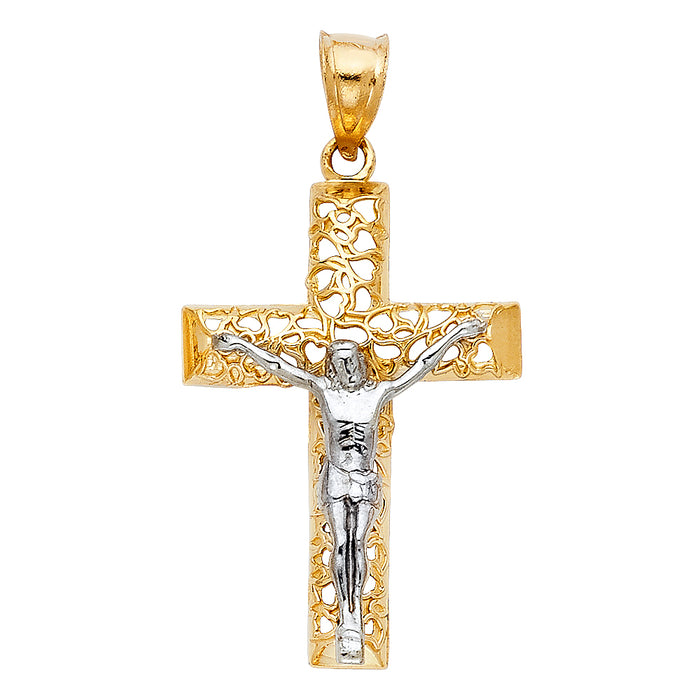 14K Two-tone Gold Religious Cut-Out Crucifix Charm Pendant  (35mm x 22mm)