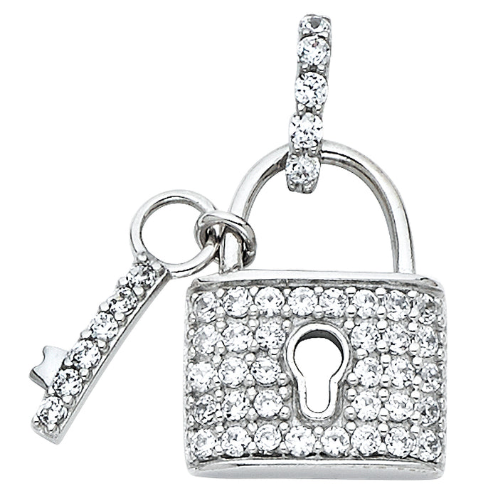 14k White Gold with White CZ Accented Lock Charm Pendant