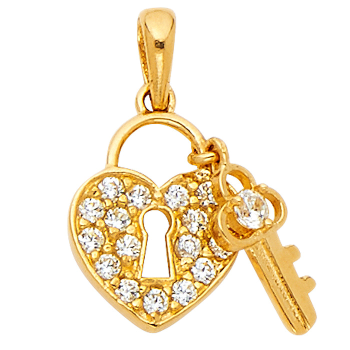 14k Yellow Gold with White CZ Accented Small/Mini Lock Charm Pendant