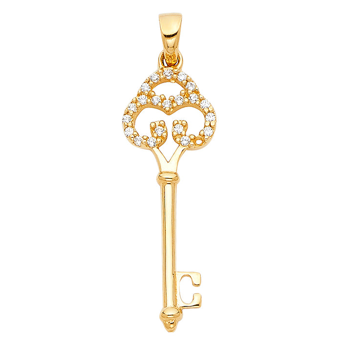 14k Yellow Gold with White CZ Accented Small/Mini Key Charm Pendant