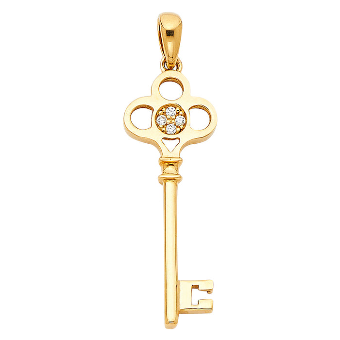 14k Yellow Gold with White CZ Accented Key Charm Pendant