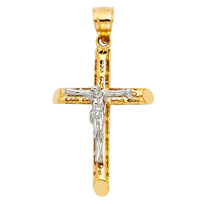 14K Two-tone Gold Religious Cut-Out Crucifix Charm Pendant  (34mm x 21mm)