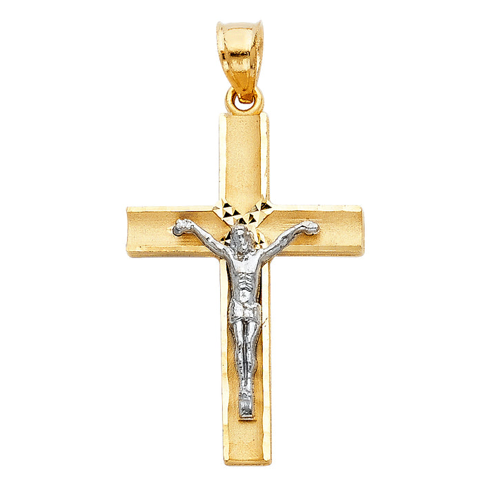 14K Two-tone Gold Religious Latin Cross Crucifix  (32mm x 20mm)