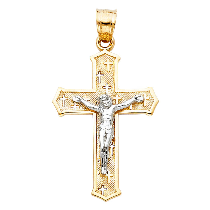 14K Two-tone Gold Religious Passion Cross Crucifix  (30mm x 19mm)