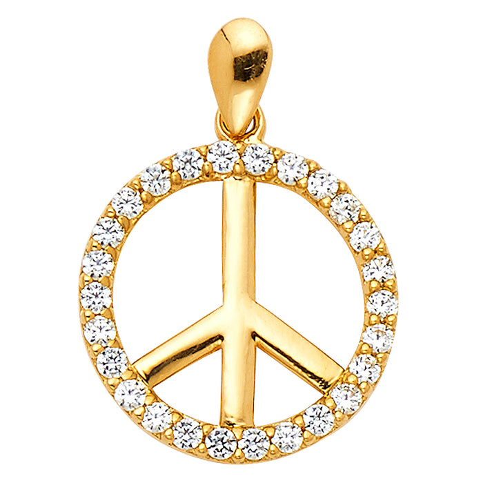 14k Yellow Gold with White CZ Accented Small/Mini Peace Charm Pendant