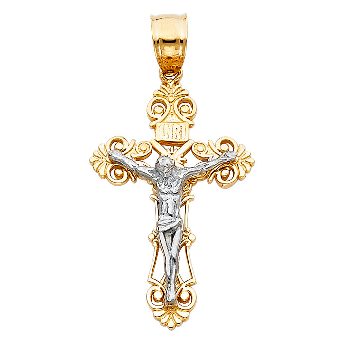 14K Two-tone Gold Religious Budded Crucifix Small (27mm x 16mm)