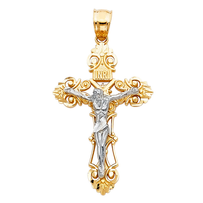 14K Two-tone Gold Religious Budded Crucifix Medium (32mm x 20mm)