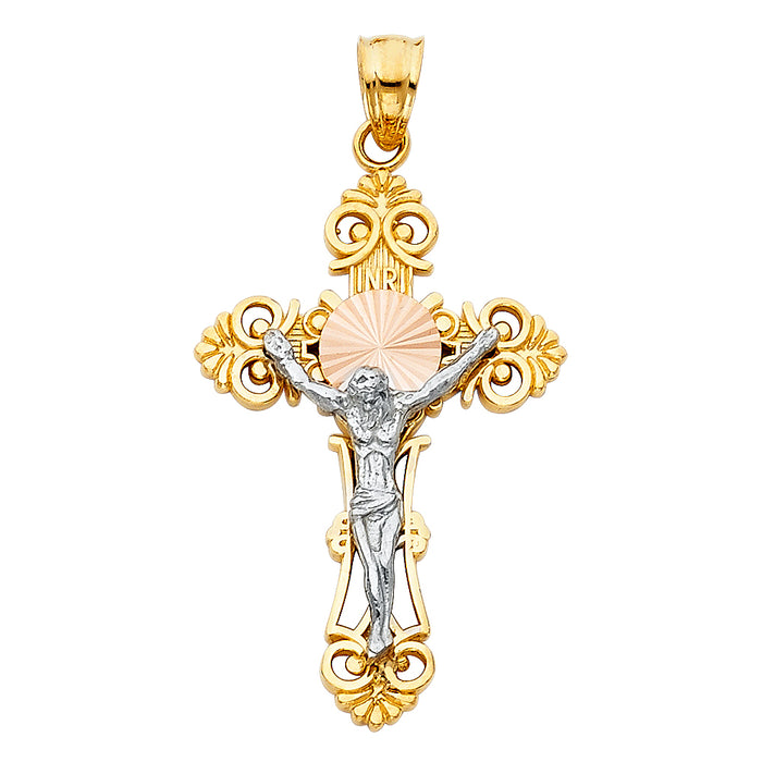 14K Two-tone Gold Religious Budded Crucifix Large (34mm x 21mm)